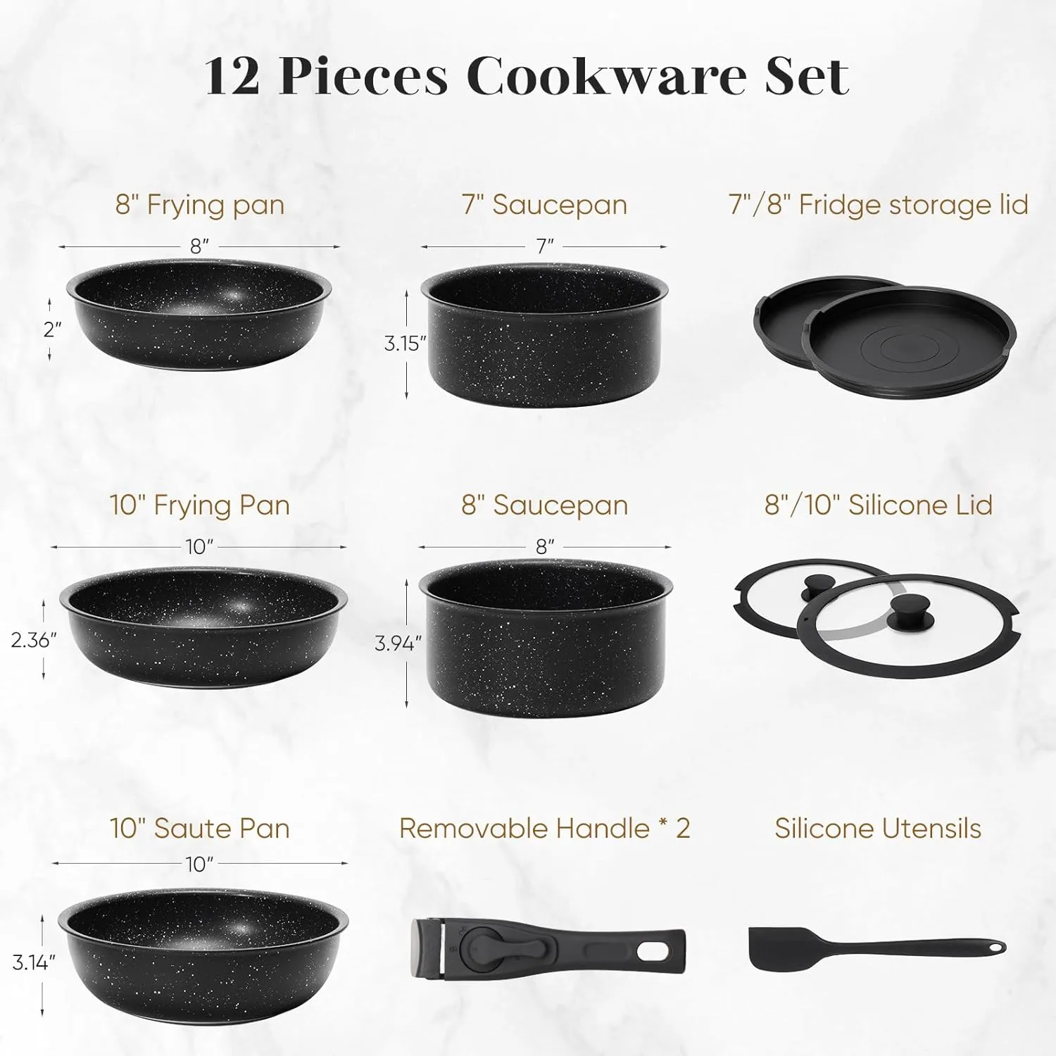 Sweetcrispy 12 pcs Pots and Pans Set, Nonstick Kitchen Induction Cookware Suit with Detachable Handle, Dishwasher Oven Safe, Black