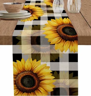 Table Runners-70 Inch Long,Farm Yellow Sunflower Classic Buffalo Linen Dresser Scarves Dining Table Runner Watercolor Rustic Floral Tabletop Scarf for Home Kitchen Holiday Party Decor