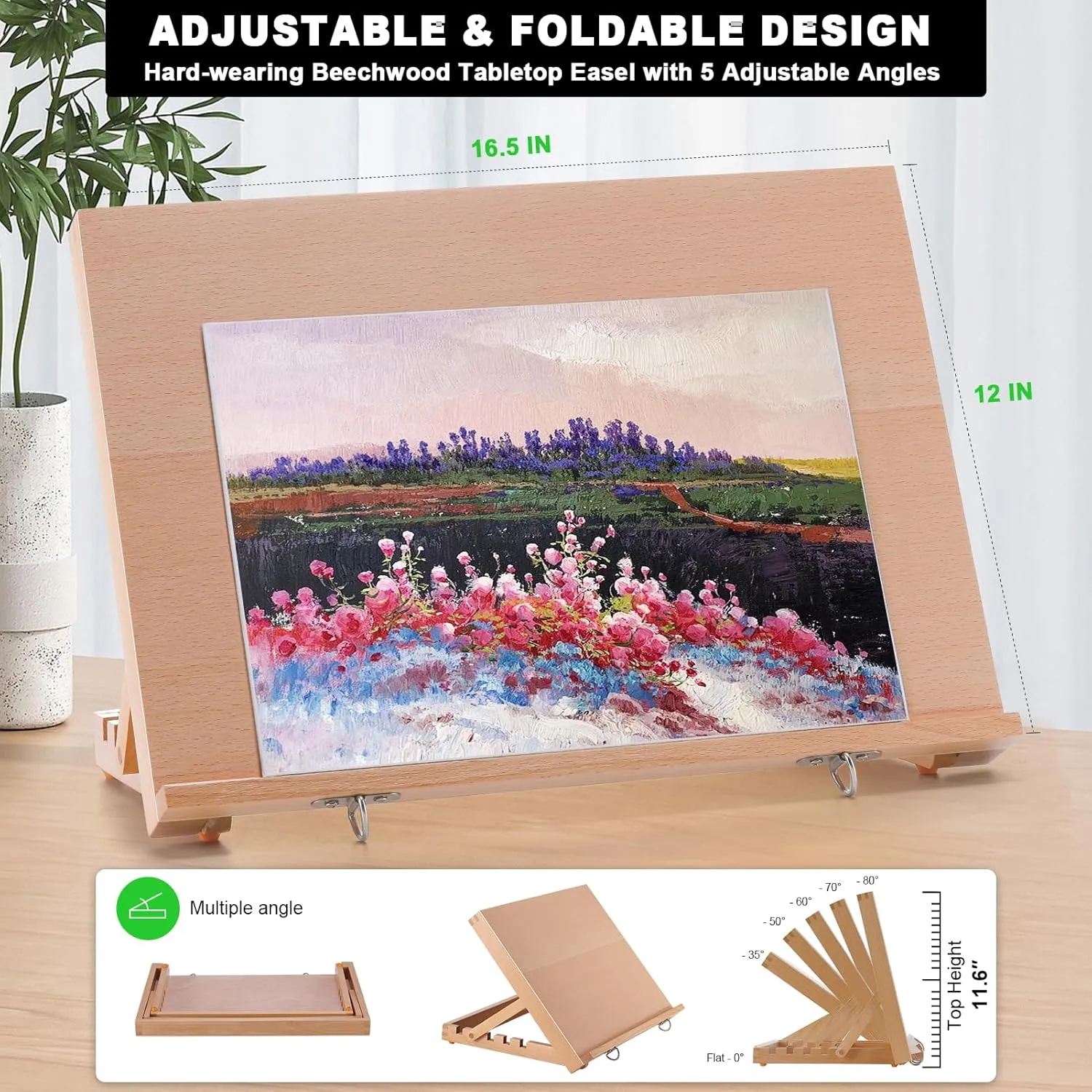 Tabletop Easel for Painting, 16.5"x12" Adjustable Portable Beechwood Drawing Board with Detachable Strap, Drawing Art Easel for Sketching and Diamond Art