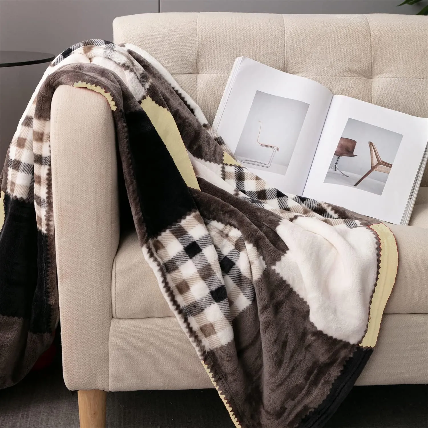 Tache Plaid Brown Yellow Fall Throw Blanket - Buttermilk Farmhouse Checkered Patchwork Super Soft Micro Fleece Plush Lightweight Dual-Sided Decorative Bed Blanket - 90 x 90 inch Full/Queen