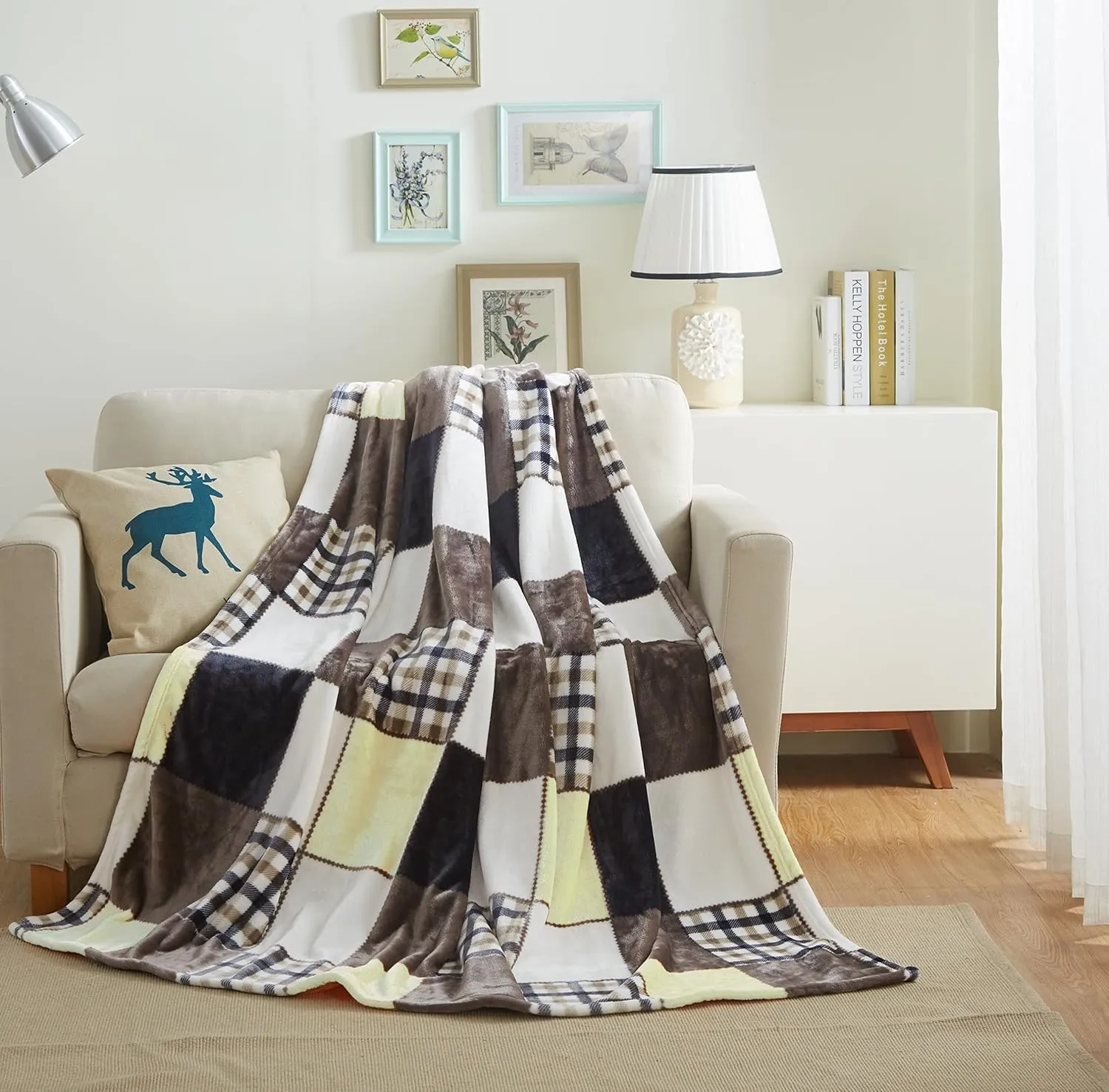 Tache Plaid Brown Yellow Fall Throw Blanket - Buttermilk Farmhouse Checkered Patchwork Super Soft Micro Fleece Plush Lightweight Dual-Sided Decorative Bed Blanket - 90 x 90 inch Full/Queen