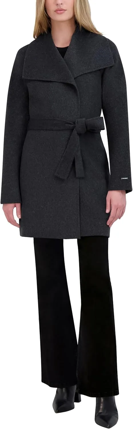 Tahari Women's Lightweight Wool Wrap Coat with Tie Belt