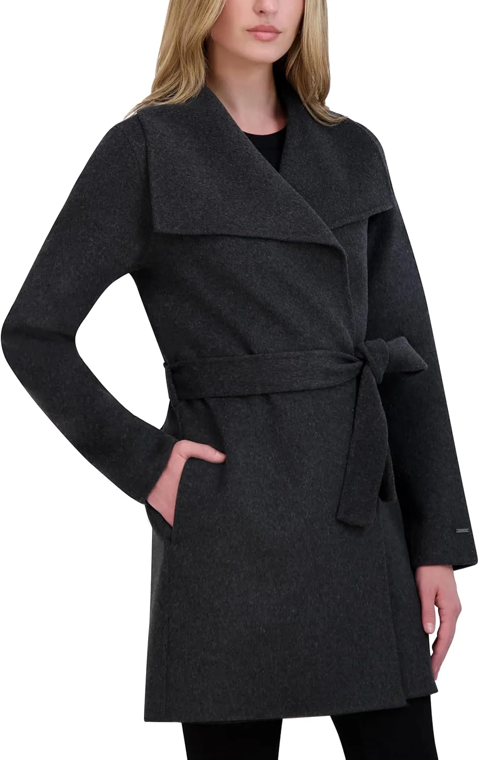 Tahari Women's Lightweight Wool Wrap Coat with Tie Belt