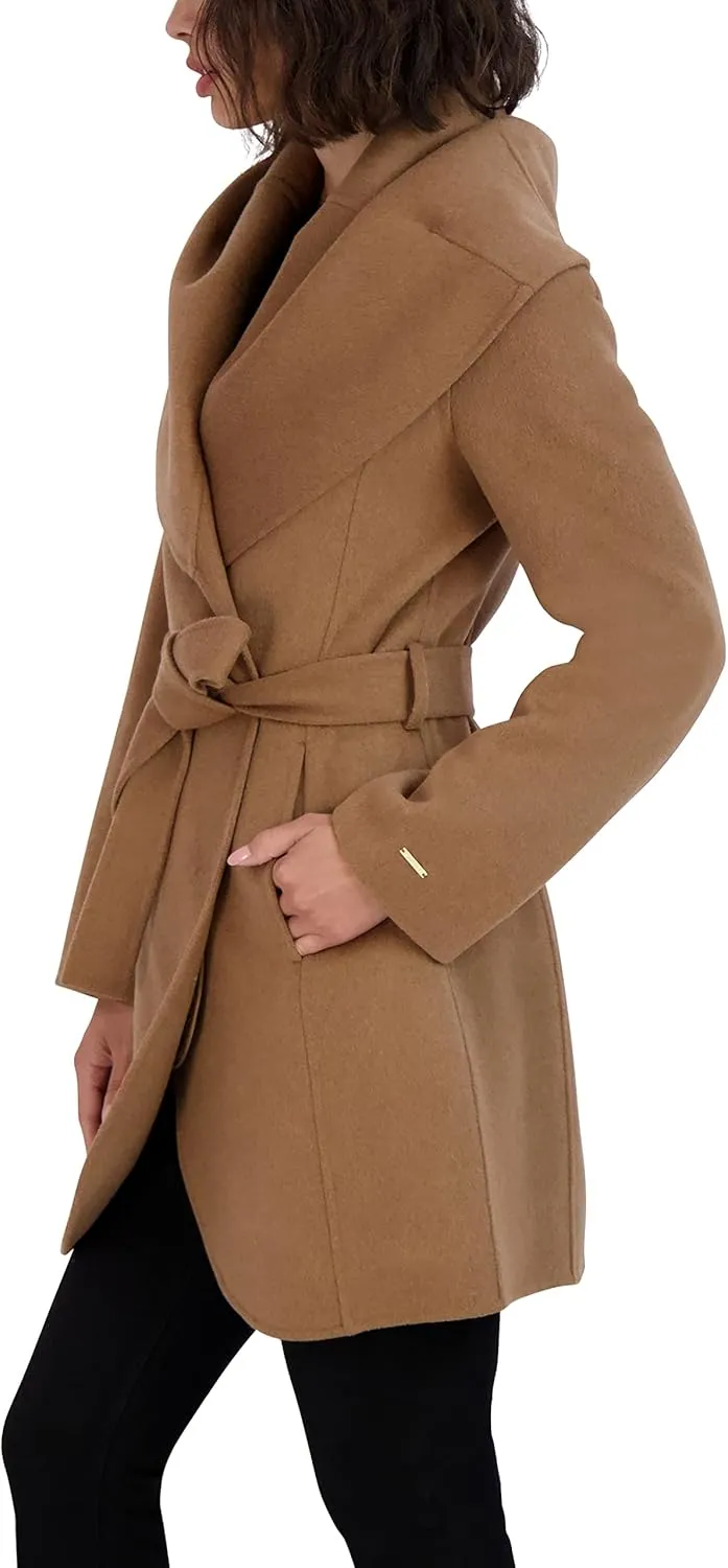 TAHARI Women's Marilyn Lightweight Double Face Wool Wrap Coat with Oversized Collar