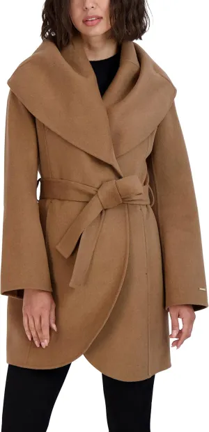 TAHARI Women's Marilyn Lightweight Double Face Wool Wrap Coat with Oversized Collar
