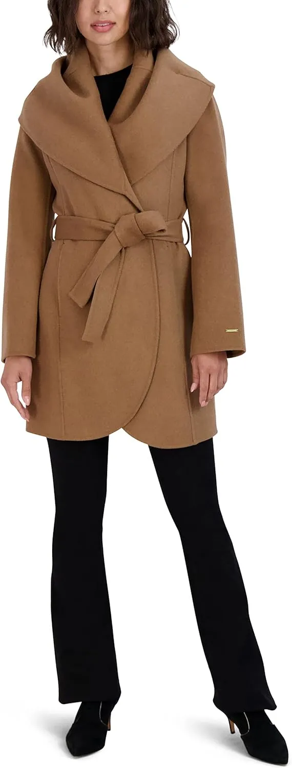 TAHARI Women's Marilyn Lightweight Double Face Wool Wrap Coat with Oversized Collar