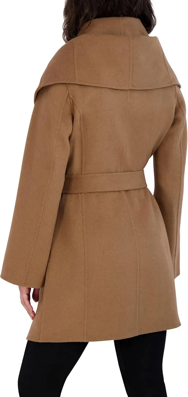 TAHARI Women's Marilyn Lightweight Double Face Wool Wrap Coat with Oversized Collar