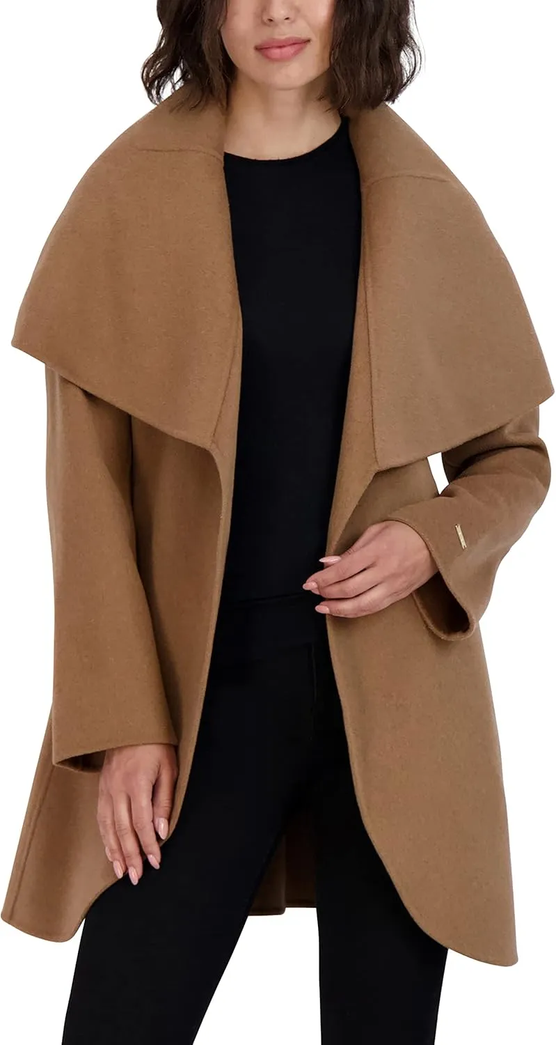 TAHARI Women's Marilyn Lightweight Double Face Wool Wrap Coat with Oversized Collar