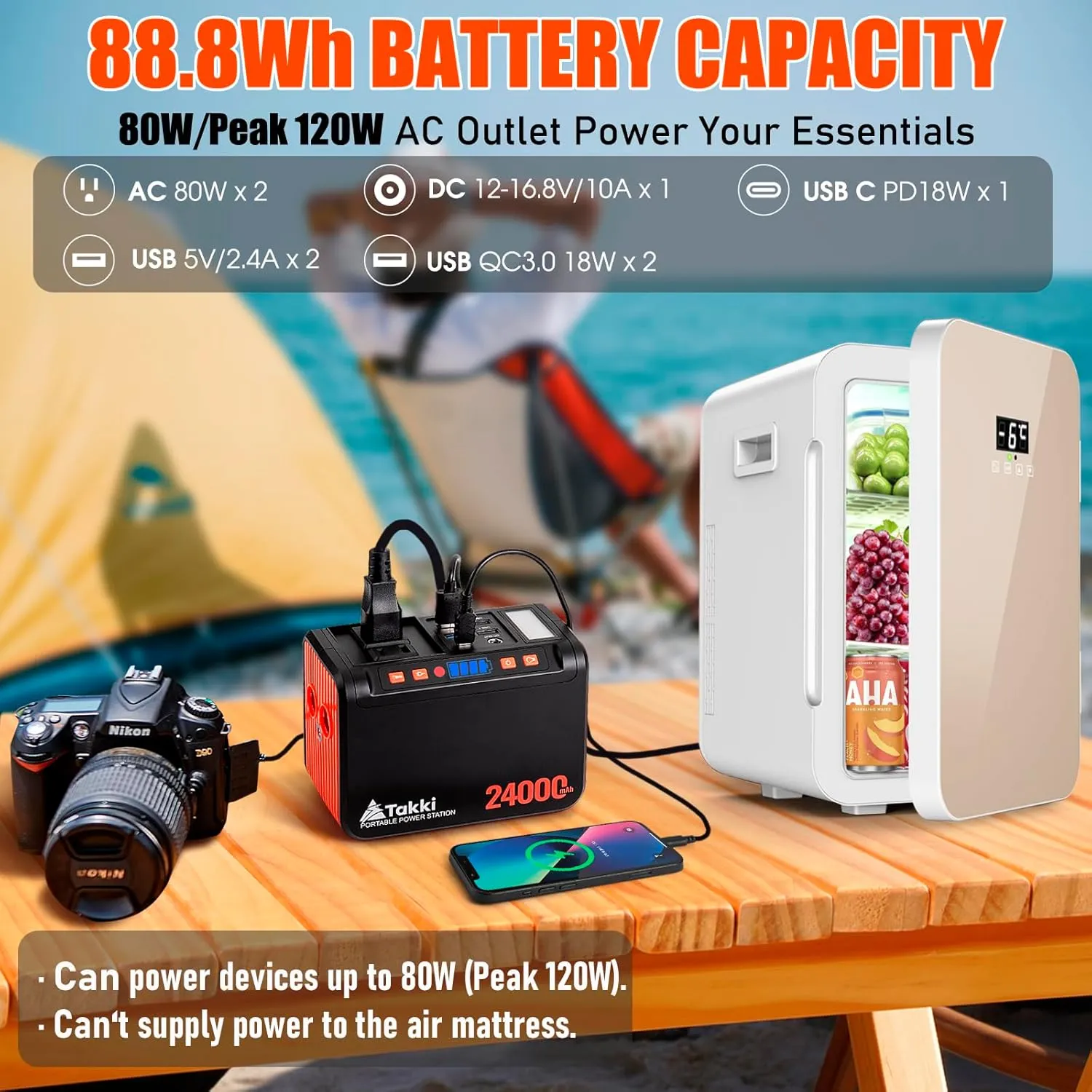 Takki 88.8Wh Portable Power Station Lithium Battery Solar Generator Power Bank with 120W Peak AC Outlet Battery Backup for Camping Home Use Emergency(Solar Panel Optional)