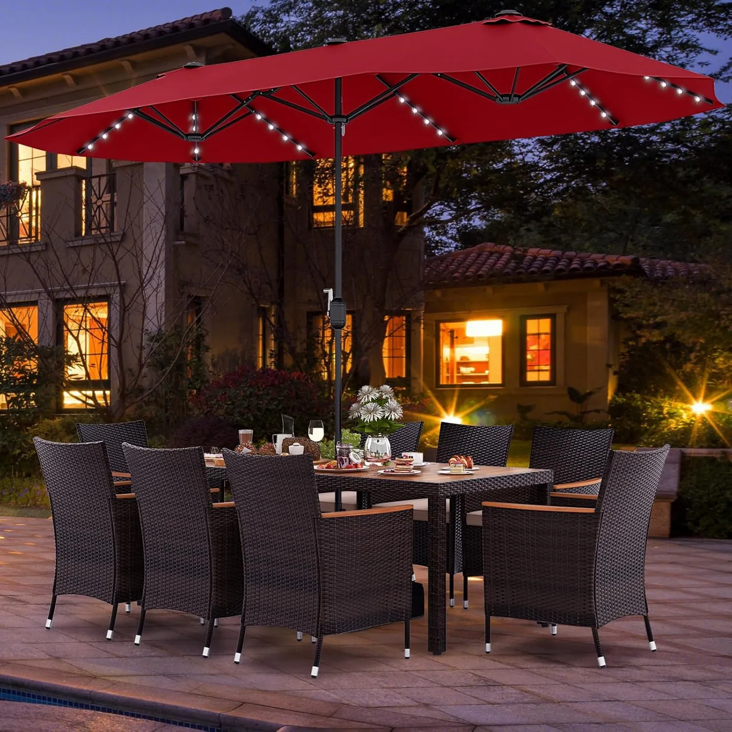 Tangkula 11 Pieces Patio Dining Set with 15ft Double-Sided LED Patio Umbrella (Base Included), Outdoor Rattan Furniture Set with 8 Stackable Chairs, Acacia Wood Dining Table and Umbrella (Wine)