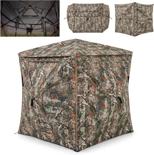 Tangkula 3-in-1 Hunting Blind for 2-4 Person, 360 Degree See Through Ground Blind with Skylight, Silent Slide Windows, Rainfly, Portable Pop Up Deer Blind for Turkey Duck Hunting, Camouflage