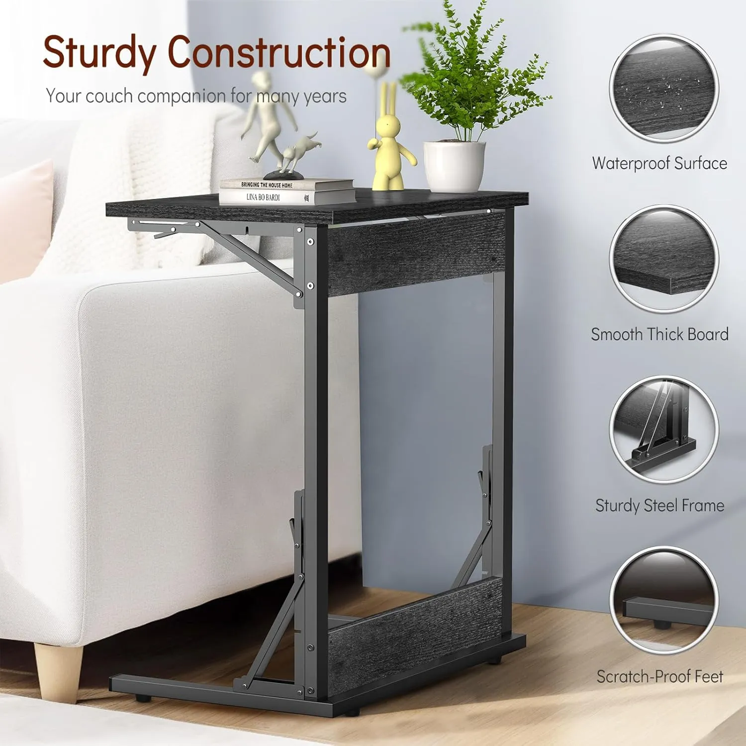 Tatub 24" Folding C Shaped End Table, Small Sofa Side Laptop Desk, Couch TV Tray Table for Living Room, Bedroom, Gray