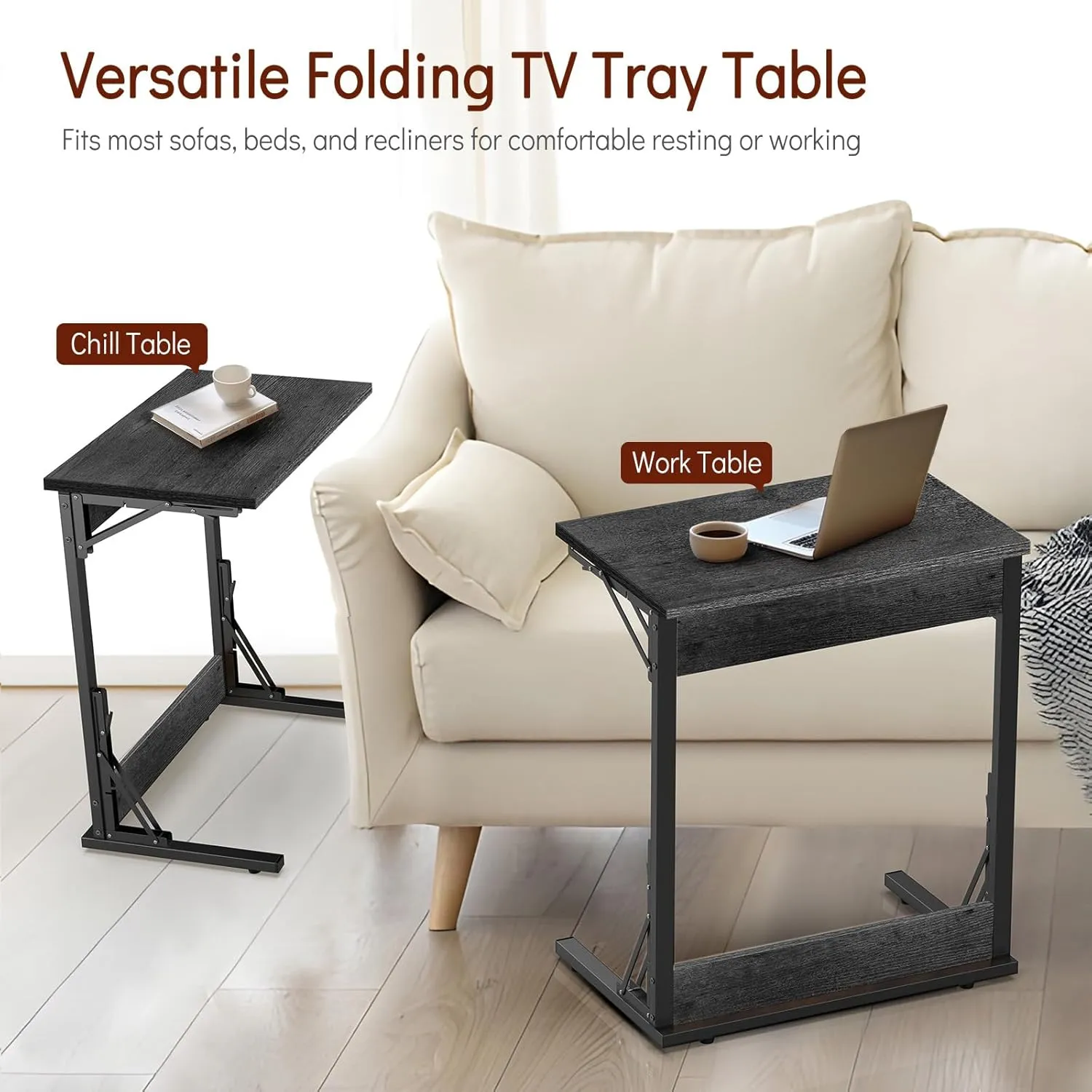 Tatub 24" Folding C Shaped End Table, Small Sofa Side Laptop Desk, Couch TV Tray Table for Living Room, Bedroom, Gray