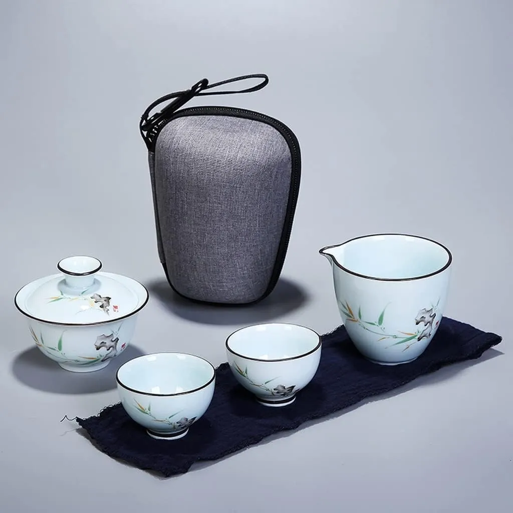 Tea Set Ceramic Portable Teapot Set Travel Gaiwan Tea Cups of Tea Ceremony Teacup Fine Gift with Travel Bag (A) (B)