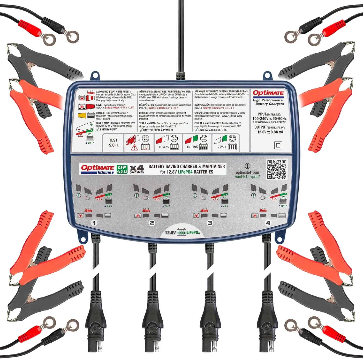TECMATE Optimate Lithium 4s 0.8A Quad Bank, TM485, 8-Step 4x12.8V 0.8A Lithium Expert Battery Saving Charger & Maintainer