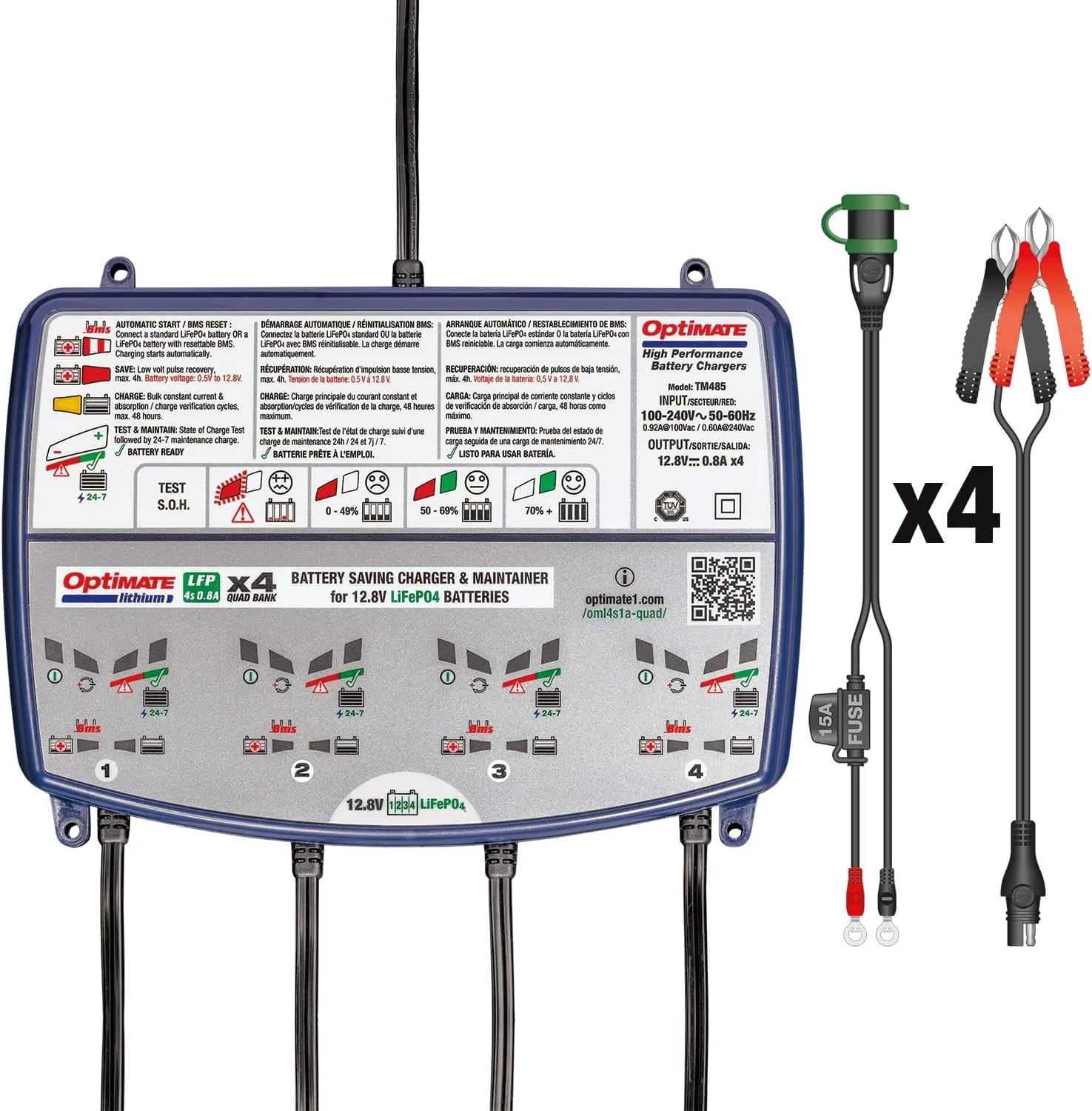 TECMATE Optimate Lithium 4s 0.8A Quad Bank, TM485, 8-Step 4x12.8V 0.8A Lithium Expert Battery Saving Charger & Maintainer