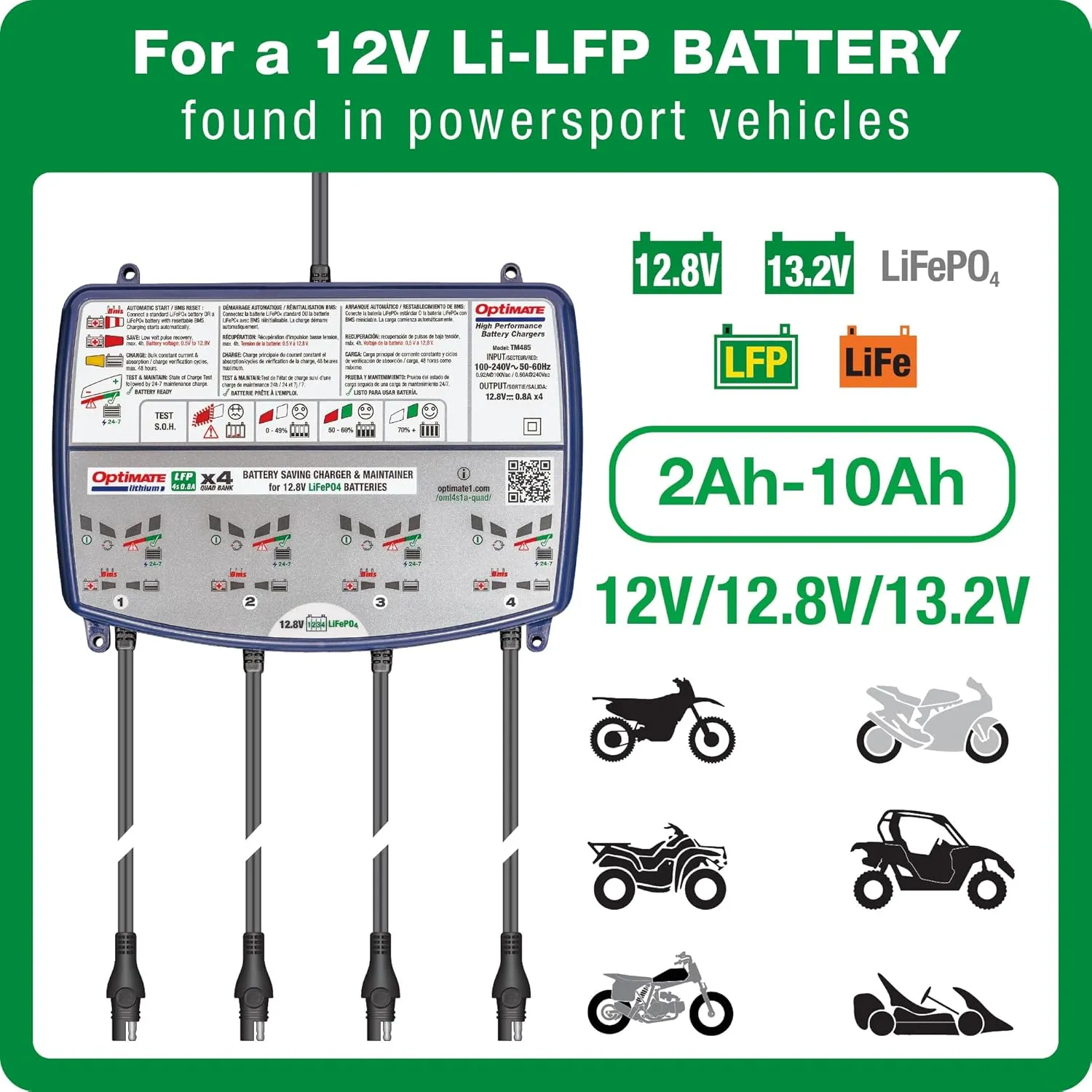 TECMATE Optimate Lithium 4s 0.8A Quad Bank, TM485, 8-Step 4x12.8V 0.8A Lithium Expert Battery Saving Charger & Maintainer