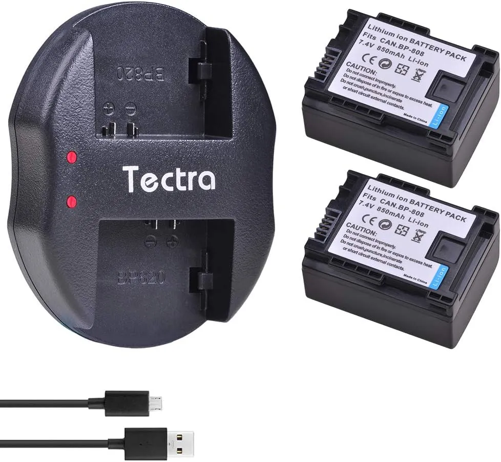 Tectra 2-Pack BP-808 Battery and Charger Kit for Canon BP-807, BP-808, BP-809 and Canon FS10, FS11, FS20, FS21, FS22, FS31, FS40, FS200, FS300, FS400, HF G10, HF G20, VIXIA HF M30, HF M31