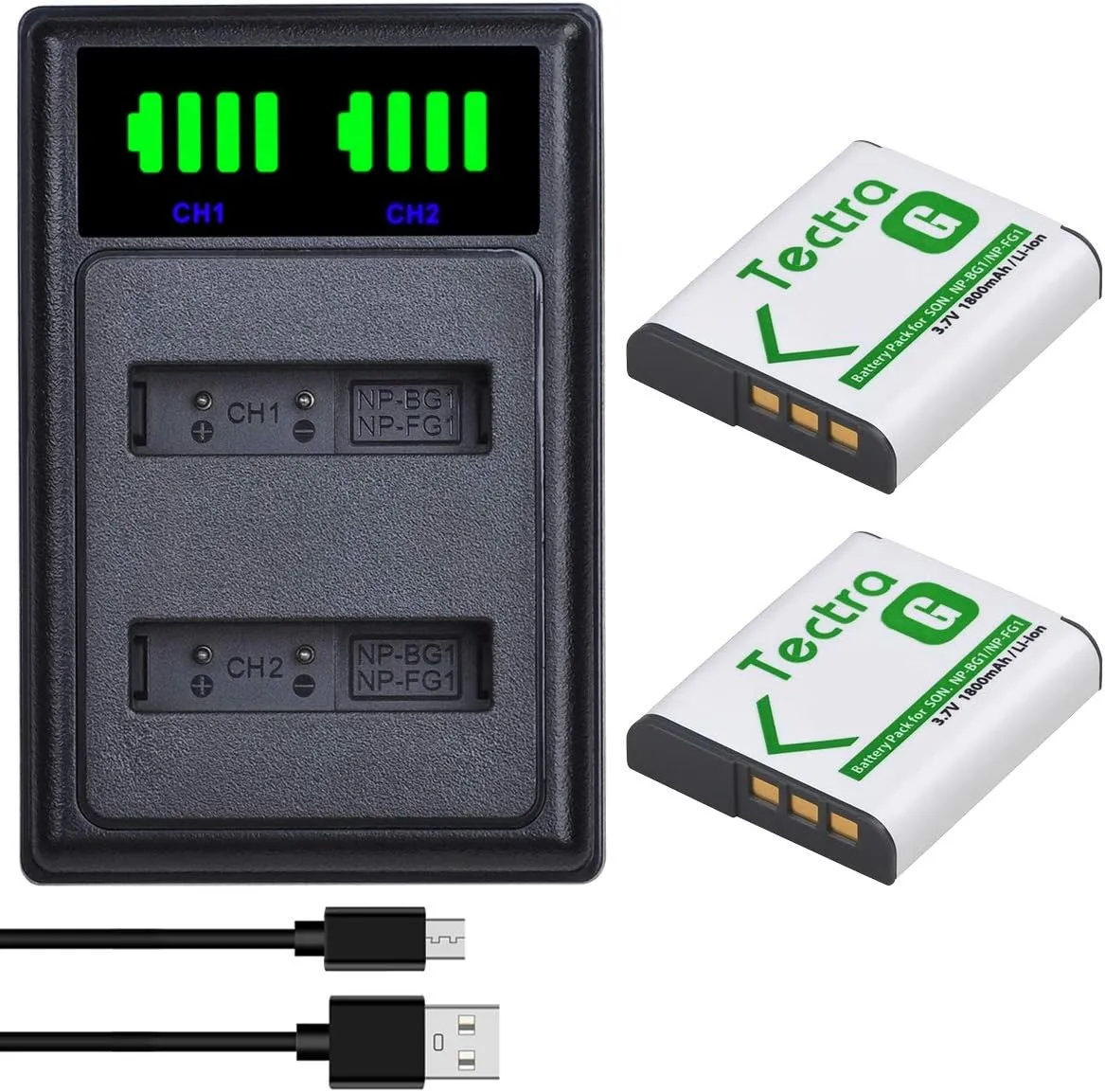 Tectra 2-Pack NP-BG1 NP-FG1 Battery and LED Dual Charger for Sony Cyber-Shot DSC-H7, DSC-H9, DSC-H10, DSC-H20, DSC-H50, DSC-H55, DSC-H70, DSC-H90, DSC-HX5V, DSC-HX9V, DSC-HX10V