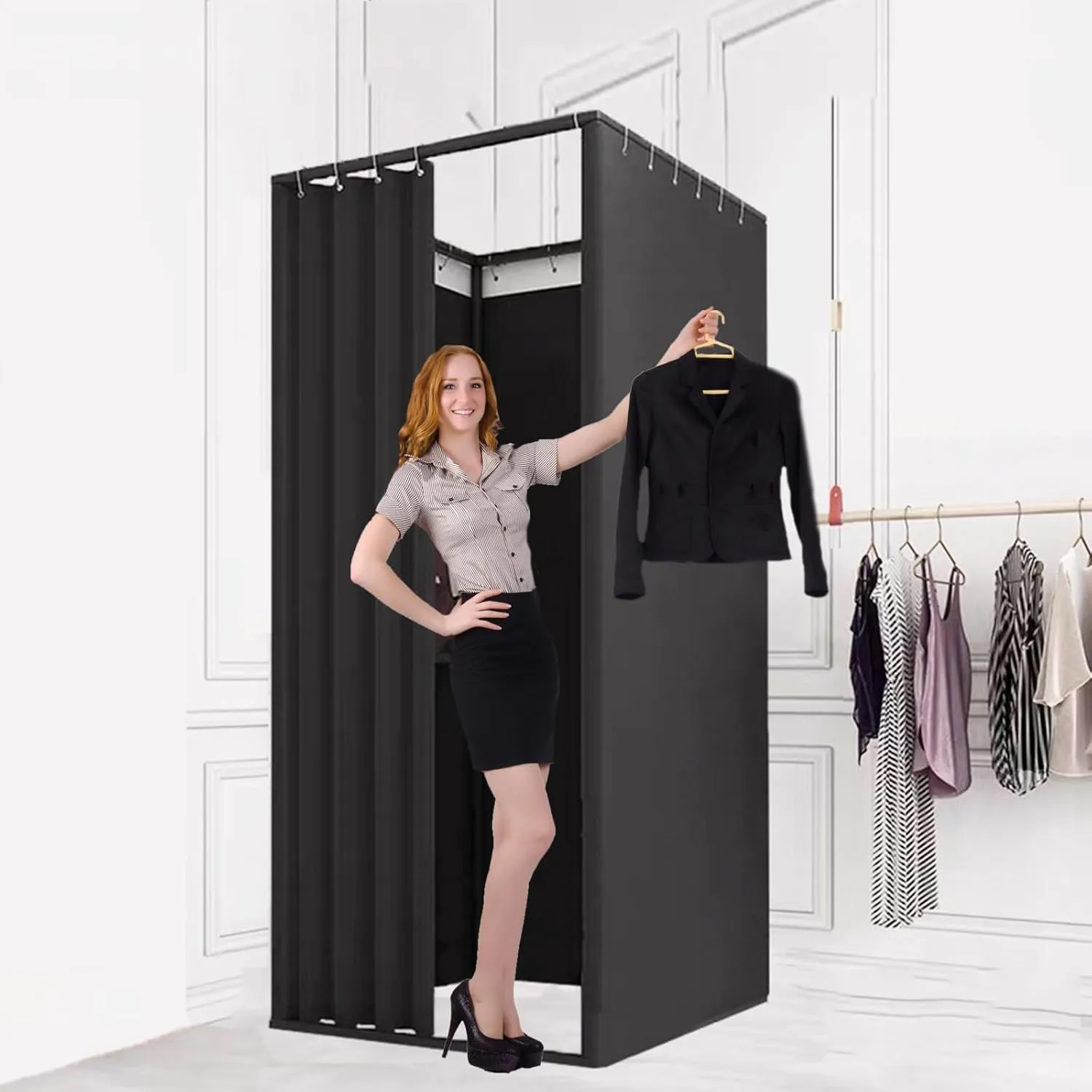 TEENKON Pop up Clothing Store Fitting Room, Portable Changing Room with Shading Curtain Used in Office, Mall, Boutique, Home, Movable Temporary Mobile Privacy Protection (Black, 39x39x79 inches)