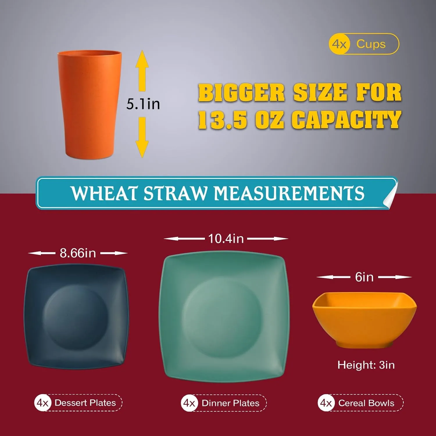 Teivio 16-piece Plastic Wheat Straw Square Dinnerware Set for 4, Unbreakable Dinner Plates, Salad Plates, Snack Bowls, Tumblers 13.5 oz, Dishwasher Safe, Autumn Multicolor