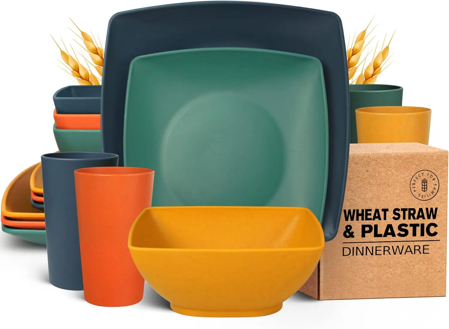 Teivio 16-piece Plastic Wheat Straw Square Dinnerware Set for 4, Unbreakable Dinner Plates, Salad Plates, Snack Bowls, Tumblers 13.5 oz, Dishwasher Safe, Autumn Multicolor