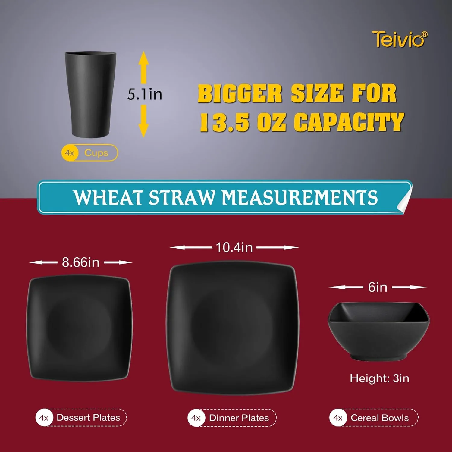 Teivio 16-piece Plastic Wheat Straw Square Dinnerware Set for 4, Unbreakable Dinner Plates, Salad Plates, Snack Bowls, Tumblers 13.5 oz, Dishwasher Safe, Black