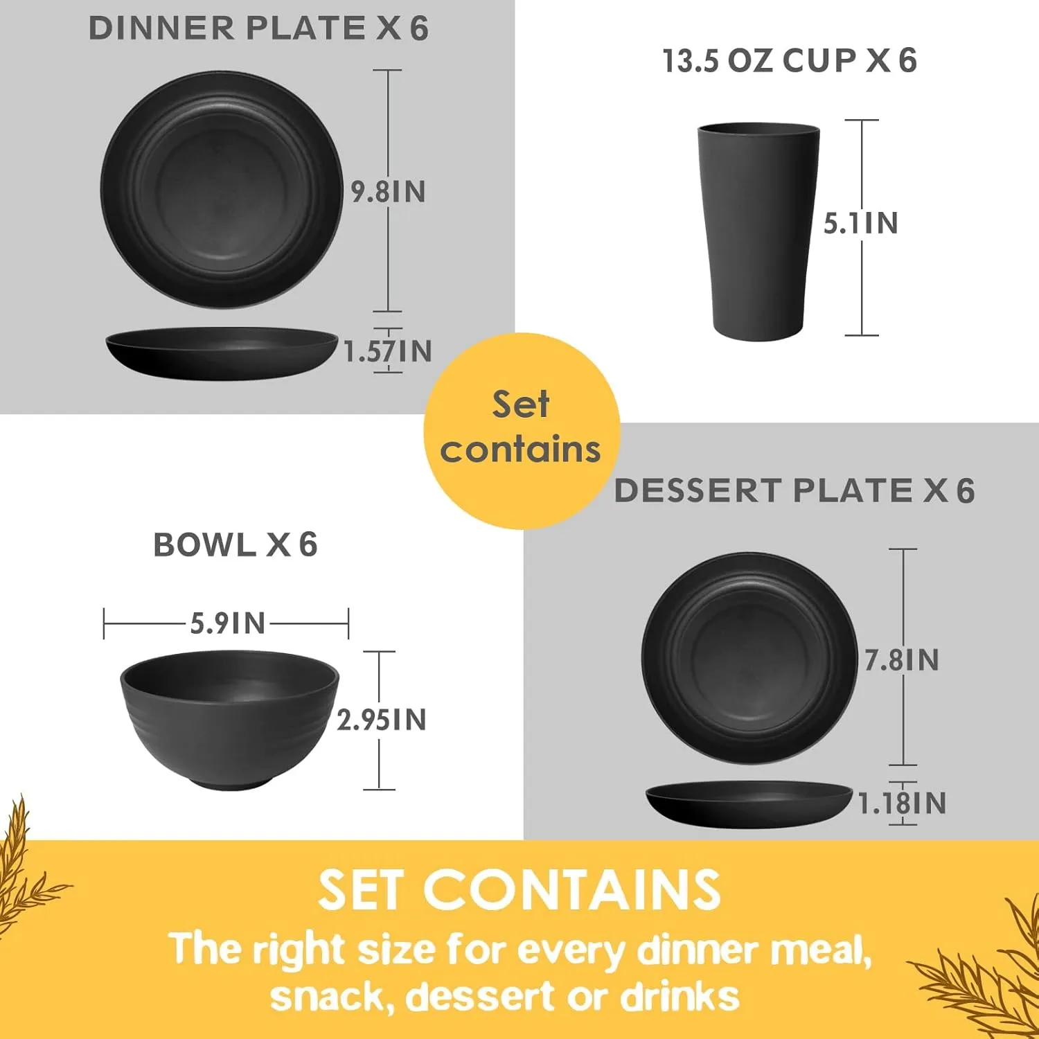 Teivio 24-Piece Kitchen Plastic Wheat Straw Dinnerware Set, Service for 6, Dinner Plates, Dessert Plate, Cereal Bowls, Cups, Unbreakable Plastic Outdoor Camping Dishes, Black