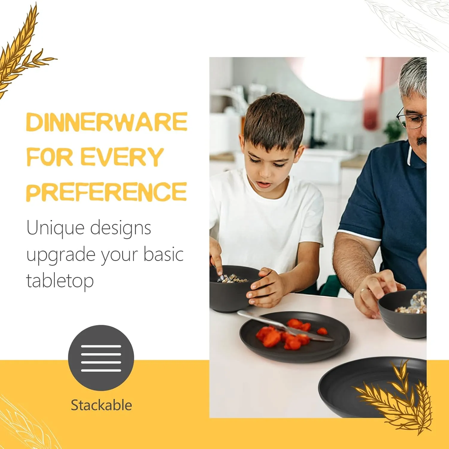Teivio 24-Piece Kitchen Plastic Wheat Straw Dinnerware Set, Service for 6, Dinner Plates, Dessert Plate, Cereal Bowls, Cups, Unbreakable Plastic Outdoor Camping Dishes, Black