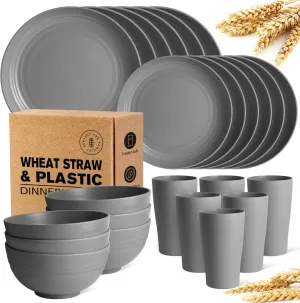 Teivio 24-Piece Kitchen Plastic Wheat Straw Dinnerware Set, Service for 6, Dinner Plates, Dessert Plate, Cereal Bowls, Cups, Unbreakable Plastic Outdoor Camping Dishes, Grey