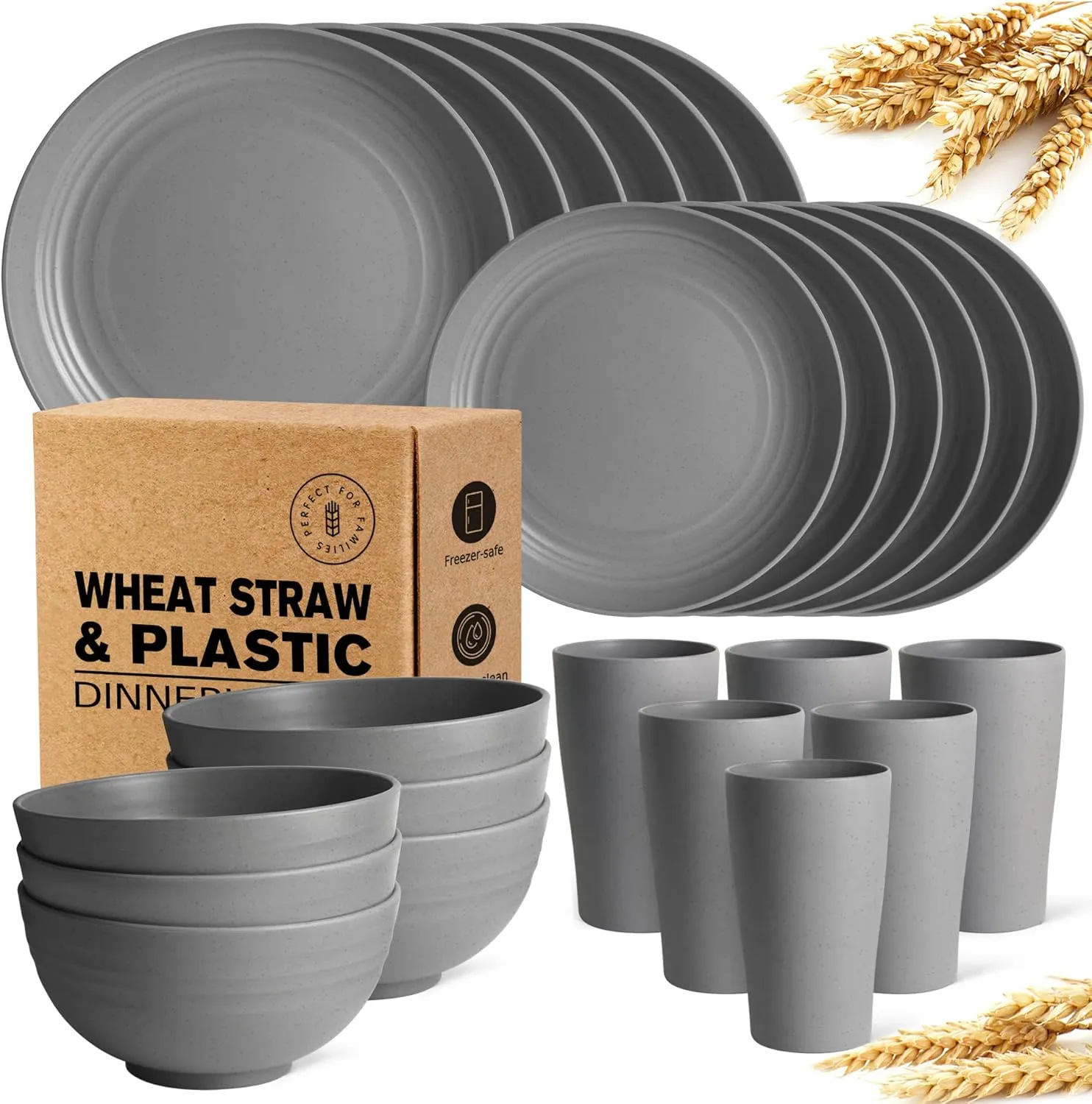 Teivio 24-Piece Kitchen Plastic Wheat Straw Dinnerware Set, Service for 6, Dinner Plates, Dessert Plate, Cereal Bowls, Cups, Unbreakable Plastic Outdoor Camping Dishes, Grey