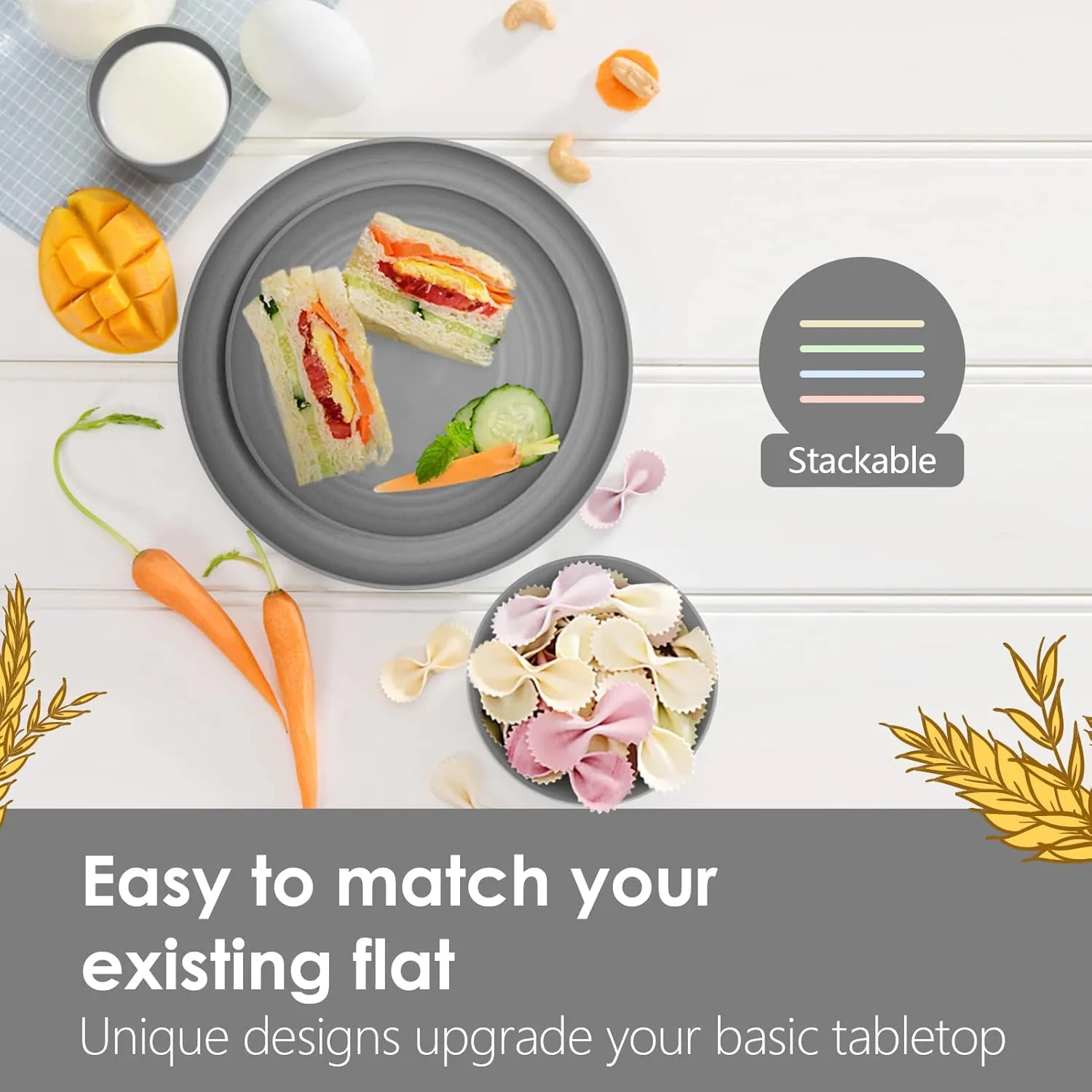Teivio 24-Piece Kitchen Plastic Wheat Straw Dinnerware Set, Service for 6, Dinner Plates, Dessert Plate, Cereal Bowls, Cups, Unbreakable Plastic Outdoor Camping Dishes, Grey
