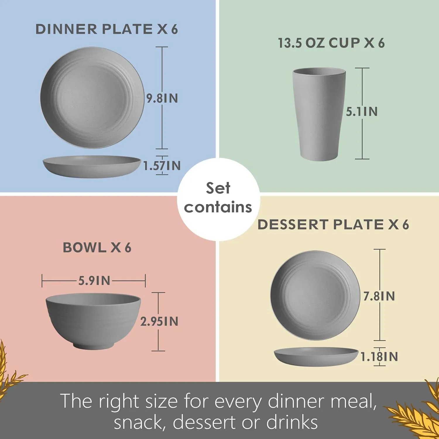 Teivio 24-Piece Kitchen Plastic Wheat Straw Dinnerware Set, Service for 6, Dinner Plates, Dessert Plate, Cereal Bowls, Cups, Unbreakable Plastic Outdoor Camping Dishes, Grey