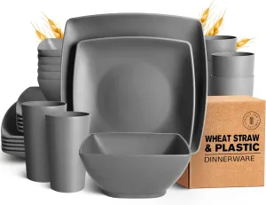 Teivio 24-piece Plastic Wheat Straw Square Dinnerware Set for 6, Unbreakable Dinner Plates, Salad Plates, Snack Bowls, Tumblers 20 oz, Dishwasher Safe,Service for 6,Grey
