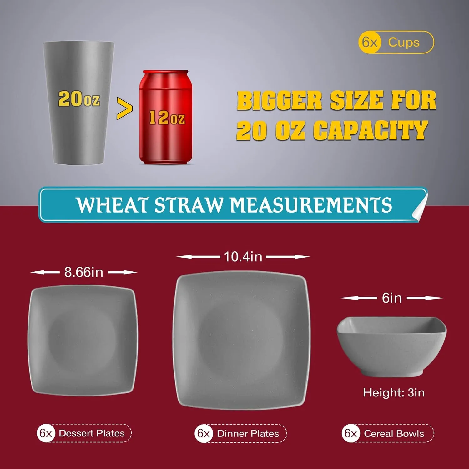 Teivio 24-piece Plastic Wheat Straw Square Dinnerware Set for 6, Unbreakable Dinner Plates, Salad Plates, Snack Bowls, Tumblers 20 oz, Dishwasher Safe,Service for 6,Grey