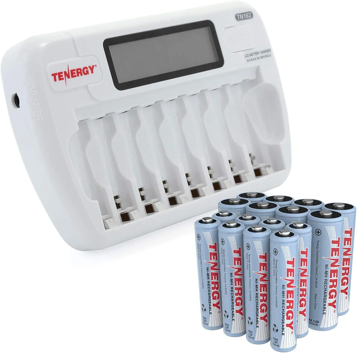 Tenergy AA/AAA Rechargeable Battery and Charger Combo TN162 - 8-Bay Smart LCD NiMH/NiCd Charger With 8 AA & 8 AAA Batteries