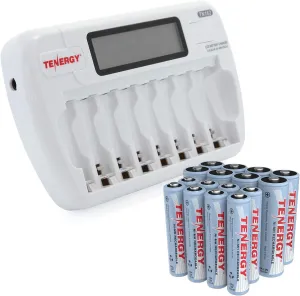 Tenergy AA/AAA Rechargeable Battery and Charger Combo TN162 - 8-Bay Smart LCD NiMH/NiCd Charger With 8 AA & 8 AAA Batteries