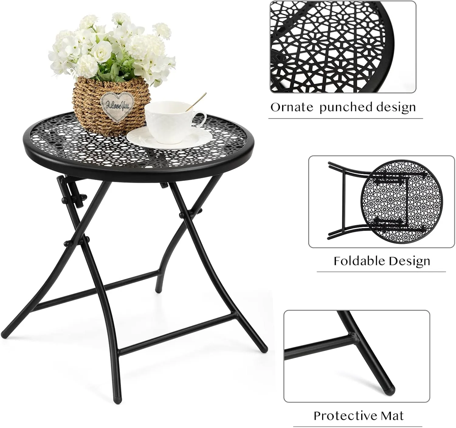 TeoKJ Folding Outdoor Side Tables, Anti Rust Small Patio Table Round Metal Nightstand with Flower Cutouts for Porch Yard Balcony Deck Lawn, Black