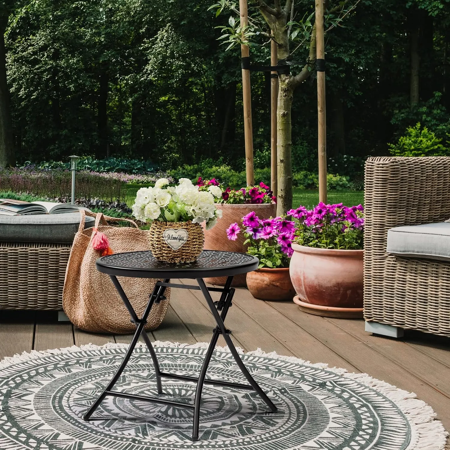 TeoKJ Folding Outdoor Side Tables, Anti Rust Small Patio Table Round Metal Nightstand with Flower Cutouts for Porch Yard Balcony Deck Lawn, Black