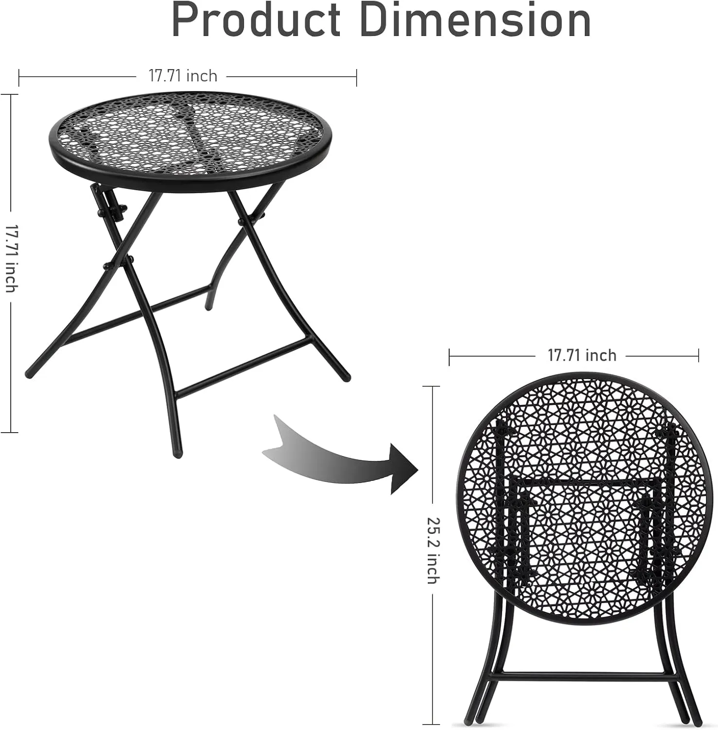 TeoKJ Folding Outdoor Side Tables, Anti Rust Small Patio Table Round Metal Nightstand with Flower Cutouts for Porch Yard Balcony Deck Lawn, Black