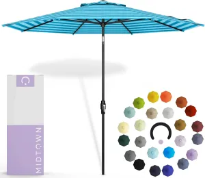 The Swilt 9 Feet Outdoor Umbrella With Terylast Cobalt Stripes (Blue/White) Polyester Fabric - Fiberglass Ribs, Auto-Tilt And Swivel Aluminum Frame Patio Umbrella For Deck, Garden, Pool - Black Pole