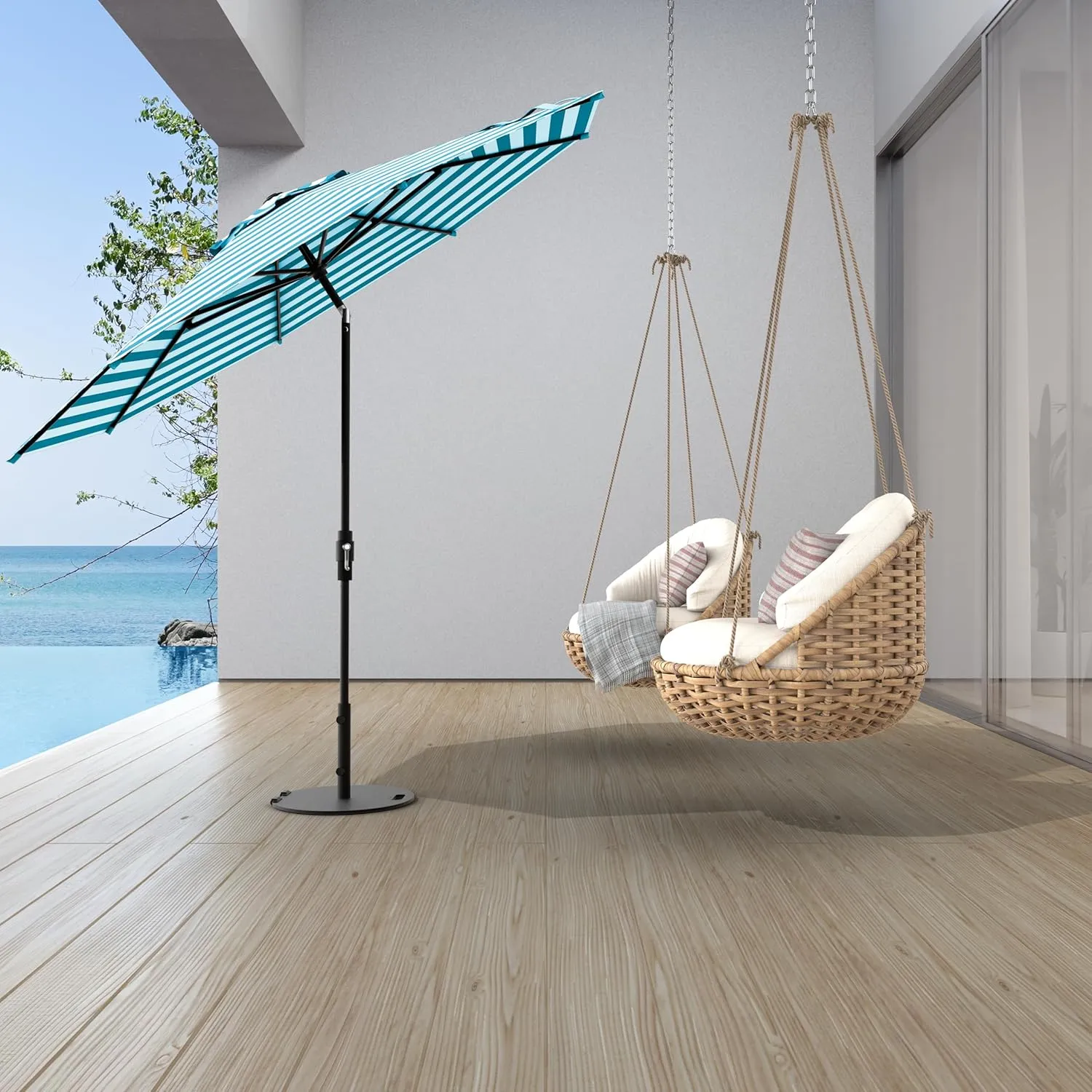 The Swilt 9 Feet Outdoor Umbrella With Terylast Cobalt Stripes (Blue/White) Polyester Fabric - Fiberglass Ribs, Auto-Tilt And Swivel Aluminum Frame Patio Umbrella For Deck, Garden, Pool - Black Pole