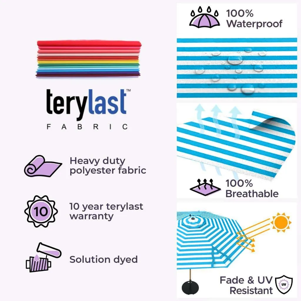 The Swilt 9 Feet Outdoor Umbrella With Terylast Cobalt Stripes (Blue/White) Polyester Fabric - Fiberglass Ribs, Auto-Tilt And Swivel Aluminum Frame Patio Umbrella For Deck, Garden, Pool - Black Pole