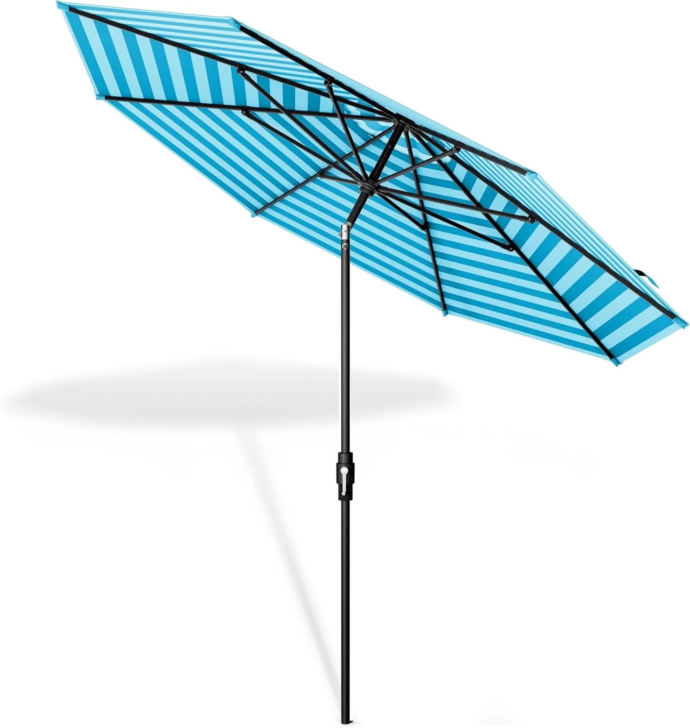 The Swilt 9 Feet Outdoor Umbrella With Terylast Cobalt Stripes (Blue/White) Polyester Fabric - Fiberglass Ribs, Auto-Tilt And Swivel Aluminum Frame Patio Umbrella For Deck, Garden, Pool - Black Pole