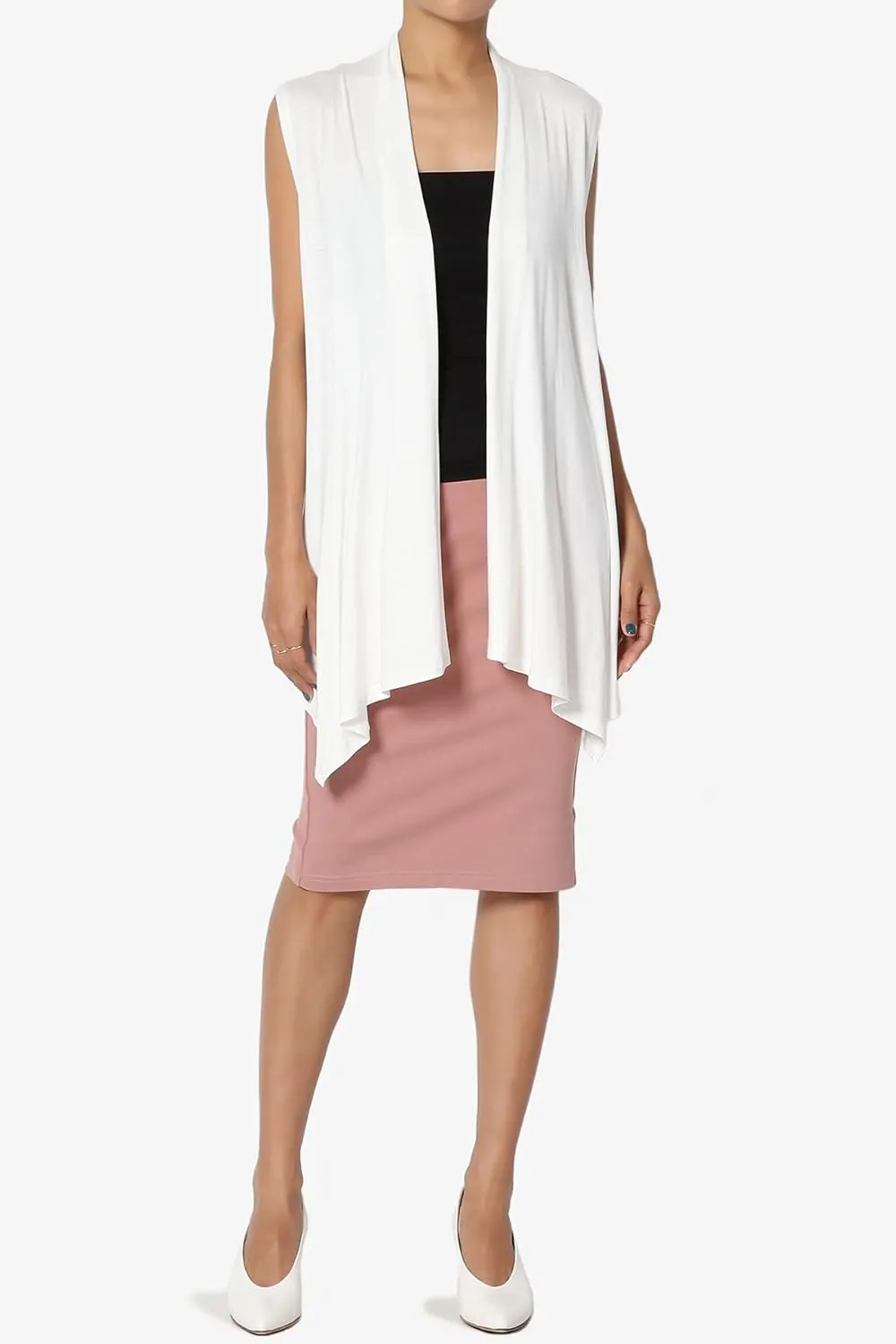 TheMogan Women's Long Vests Sleeveless Draped Lightweight Open Front Cardigan