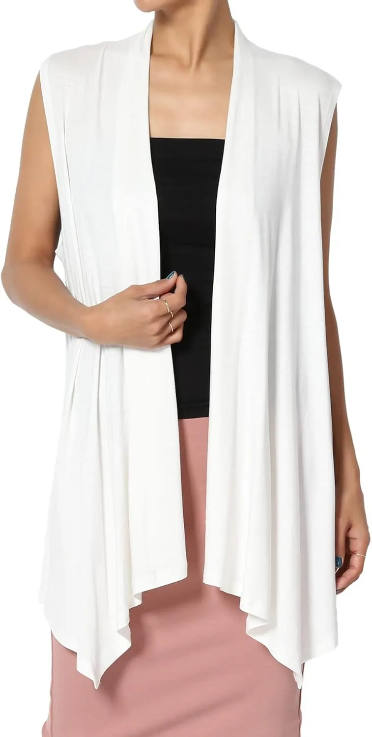 TheMogan Women's Long Vests Sleeveless Draped Lightweight Open Front Cardigan