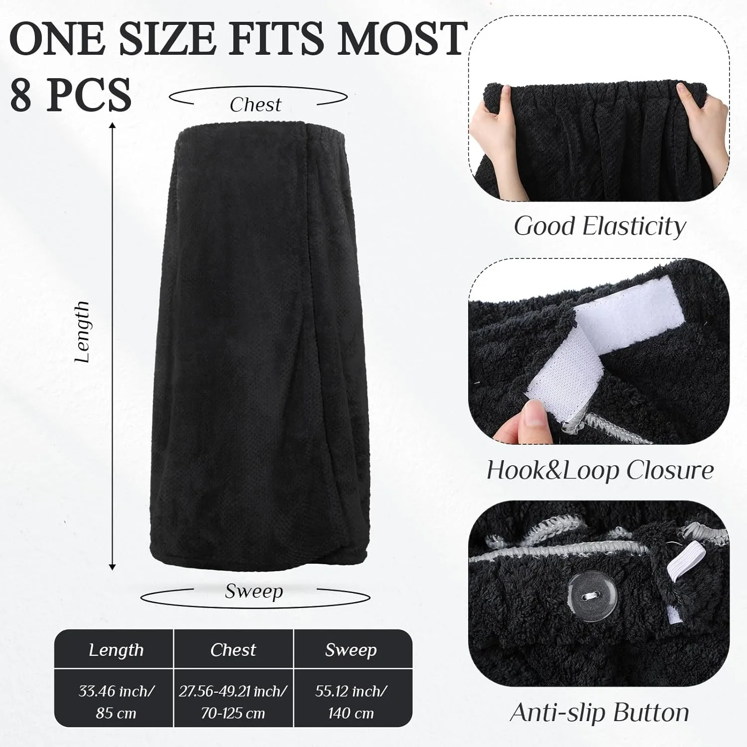Tigeen 8 Pcs Women's Spa Wraps Lightweight Spa Robes with Adjustable Closure and Elastic Top(Medium,Black)