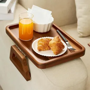 Tinamo Acacia Couch Arm Table - Wooden Sofa Armrest Tray - Clip-on Tray for Wide Couch - Side Table for Eating & Drink (Acacia)