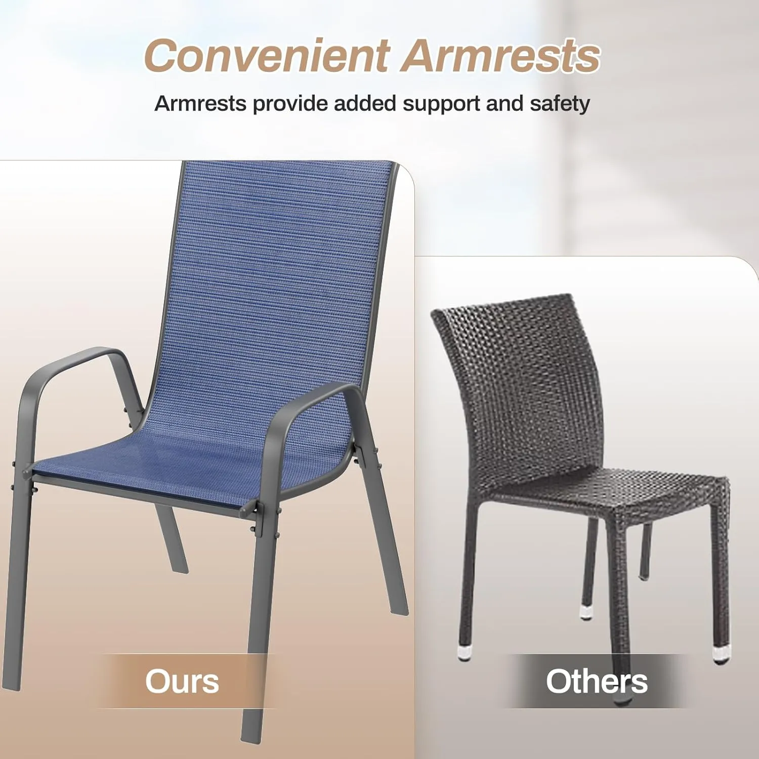 TLSUNNY Patio Chairs, Stackable Textilene Outdoor Dining Furniture for All Weather, with 17.7″ Wide Seat & Metal Frame, for Garden, Backyard, Deck, Restaurant, Poolside (Navy Blue, Set of 8)