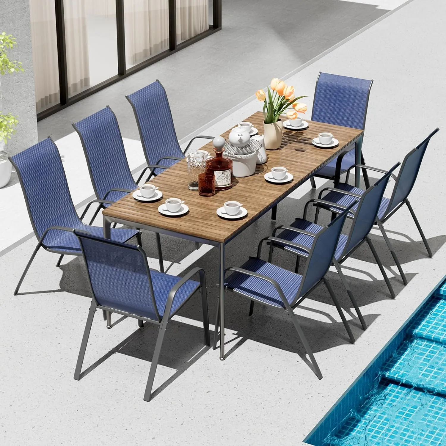 TLSUNNY Patio Chairs, Stackable Textilene Outdoor Dining Furniture for All Weather, with 17.7″ Wide Seat & Metal Frame, for Garden, Backyard, Deck, Restaurant, Poolside (Navy Blue, Set of 8)